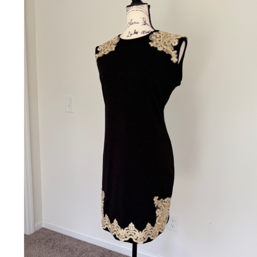 SHEIN Black Sheath Dress Gold Lace Applique Sleeveless Cocktail Dark Academia - Picture 10 of 14